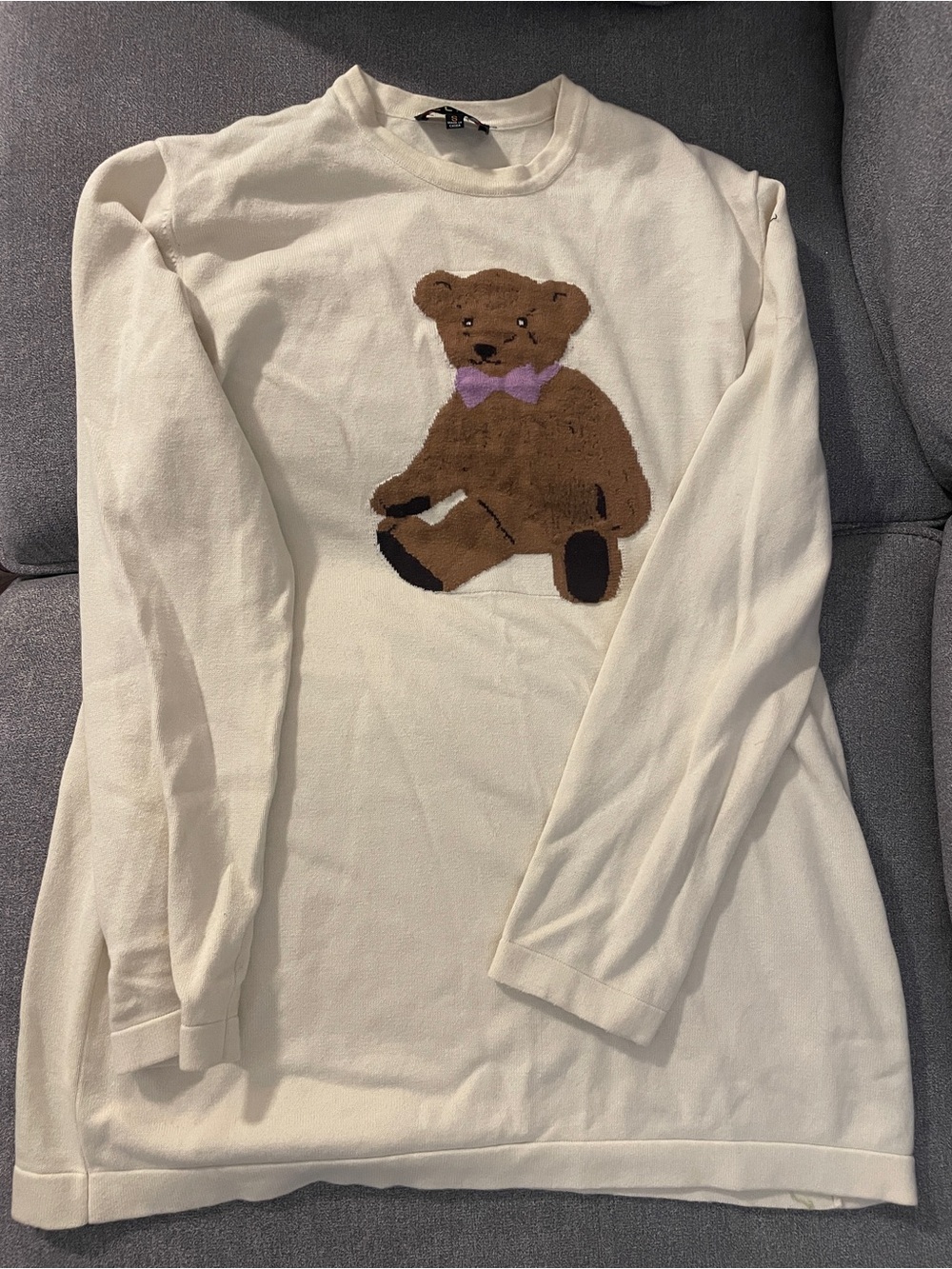 dELiA*s Cream Knit Sweater with Brown Teddy and Lilac Bow - Picture 2 of 4